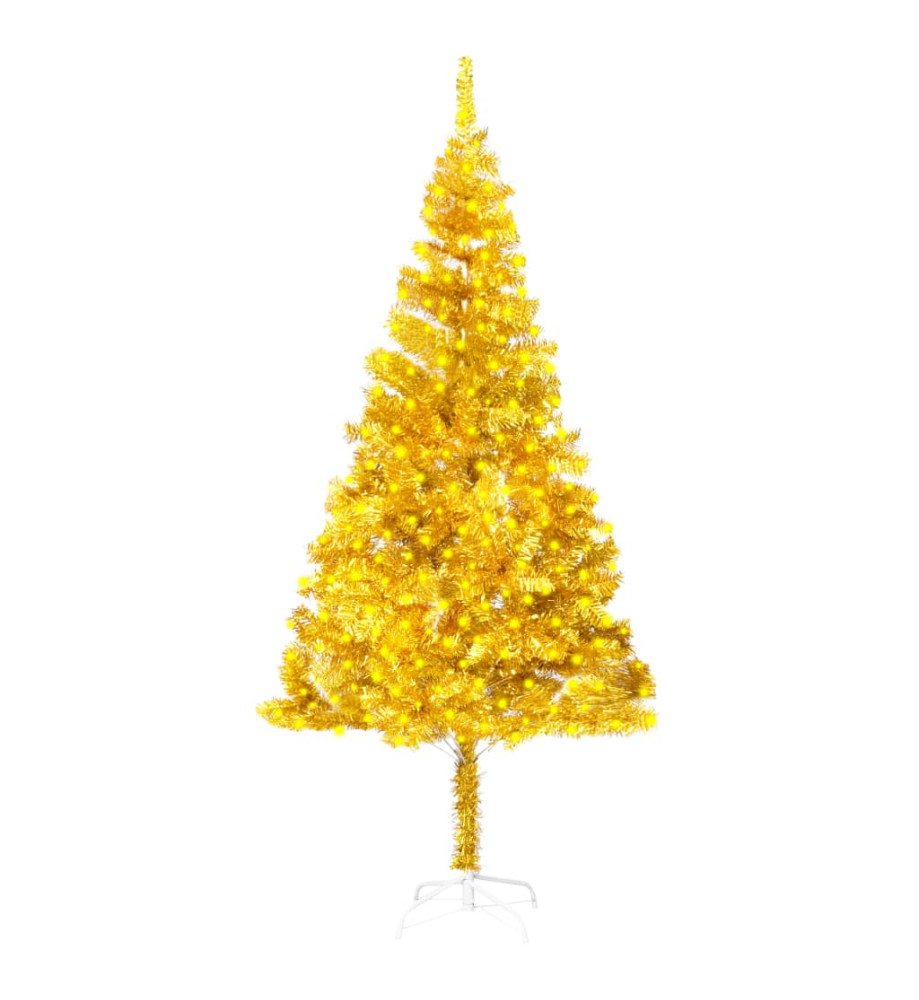 Sapin de Noël artificiel pré-éclairé et support doré 210 cm PET