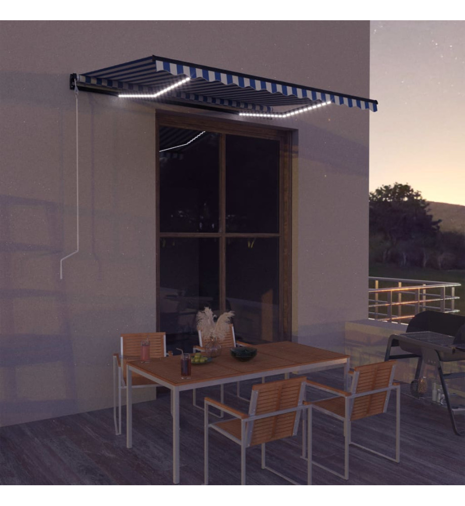 Auvent avec capteur de vent et LED 350x250 cm Bleu et blanc