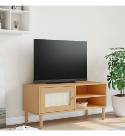 Meuble TV SENJA aspect rotin marron 106x40x49cm bois massif pin