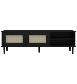 Meuble TV SENJA aspect rotin noir 158x40x49cm bois massif pin