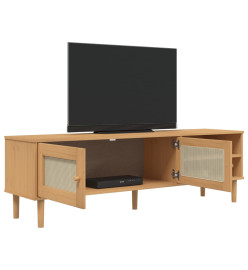 Meuble TV SENJA aspect rotin marron 158x40x49cm bois massif pin