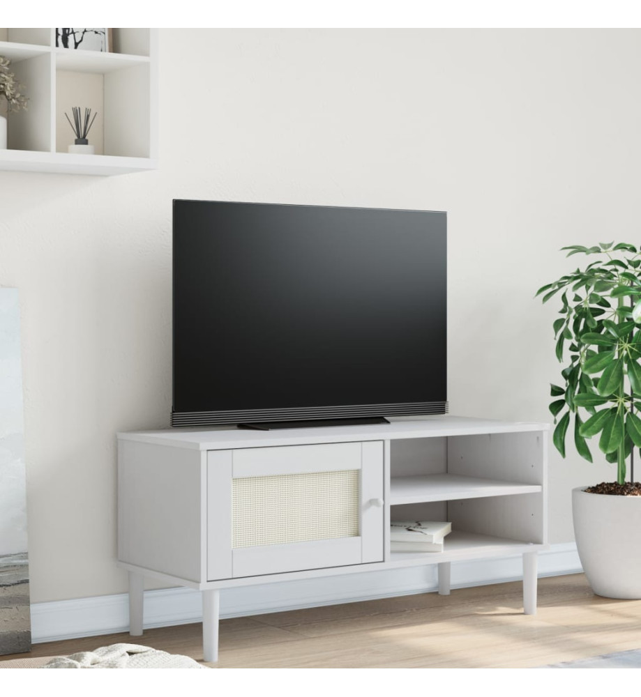 Meuble TV SENJA aspect rotin blanc 106x40x49cm bois massif pin