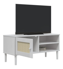 Meuble TV SENJA aspect rotin blanc 106x40x49cm bois massif pin