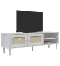 Meuble TV SENJA aspect rotin blanc 158x40x49cm bois massif pin