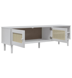 Meuble TV SENJA aspect rotin blanc 158x40x49cm bois massif pin