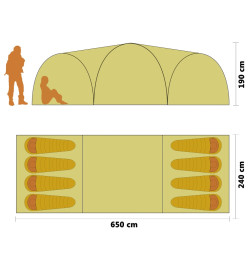 Tente igloo de camping 650x240x190 cm 8 personnes Vert