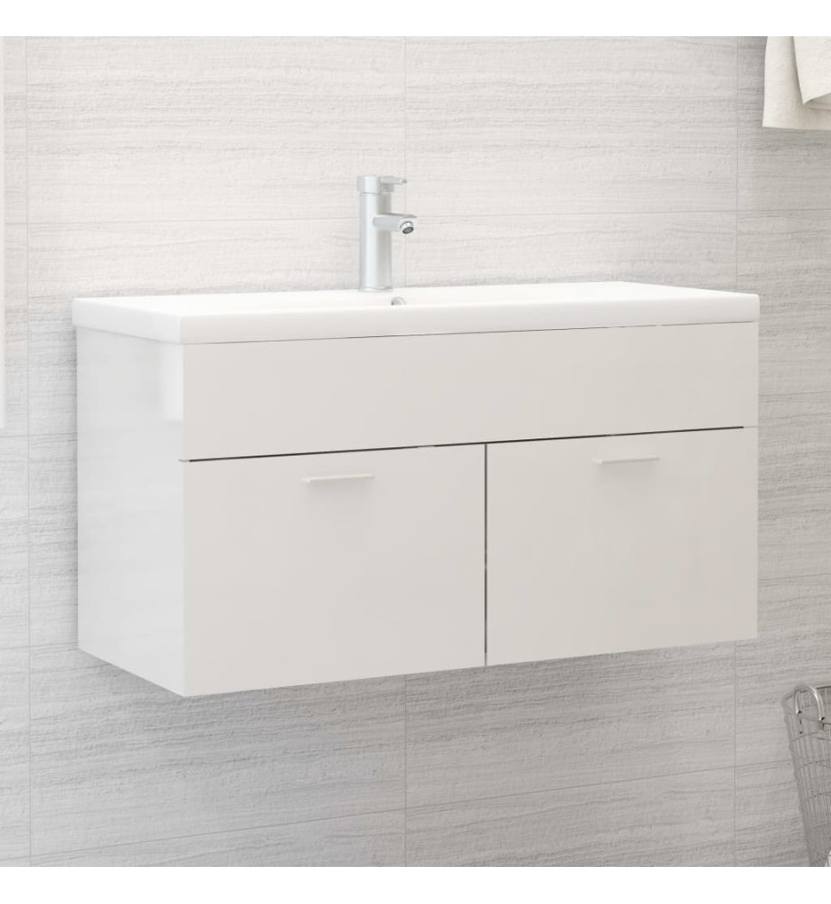 Armoire d'évier avec lavabo intégré Blanc brillant Aggloméré Armoire d'évier avec lavabo intégré Blanc brillant Aggloméré