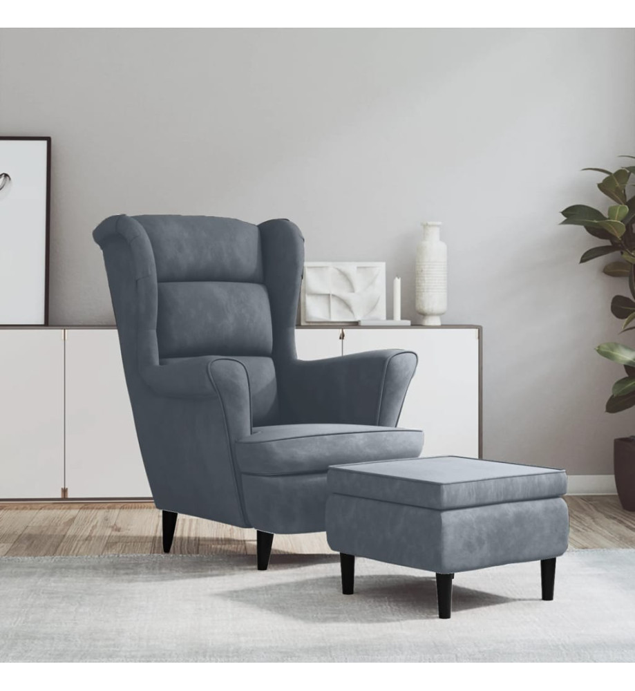 Fauteuil à oreilles avec tabouret gris foncé velours