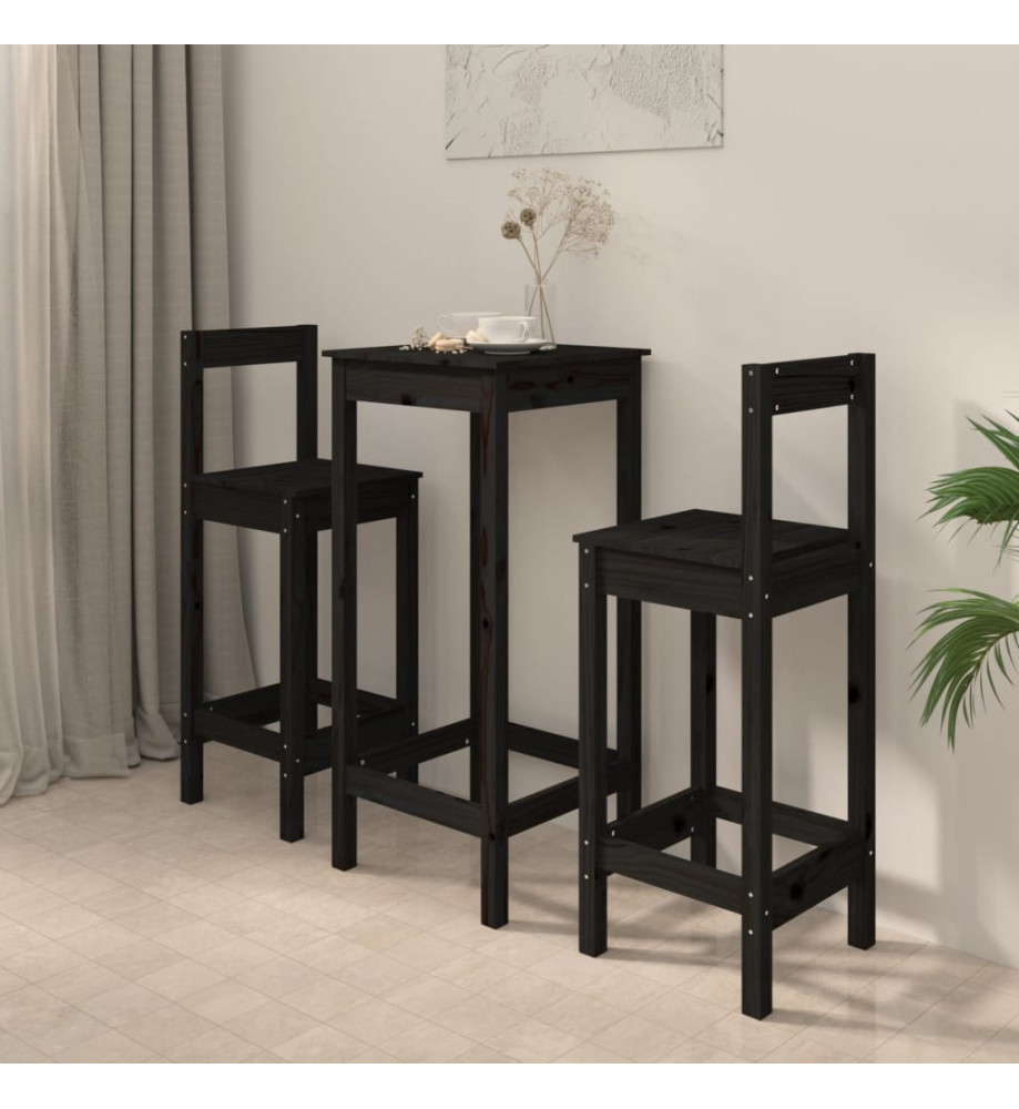 Ensemble de bar 3 pcs Noir Bois de pin massif