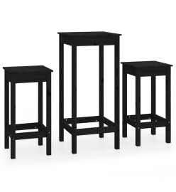 Ensemble de bar 3 pcs Noir Bois de pin massif