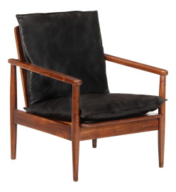 Fauteuil noir cuir véritable et bois d'acacia solide