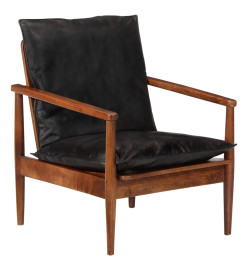 Fauteuil noir cuir véritable et bois d'acacia solide