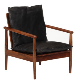 Fauteuil noir cuir véritable et bois d'acacia solide