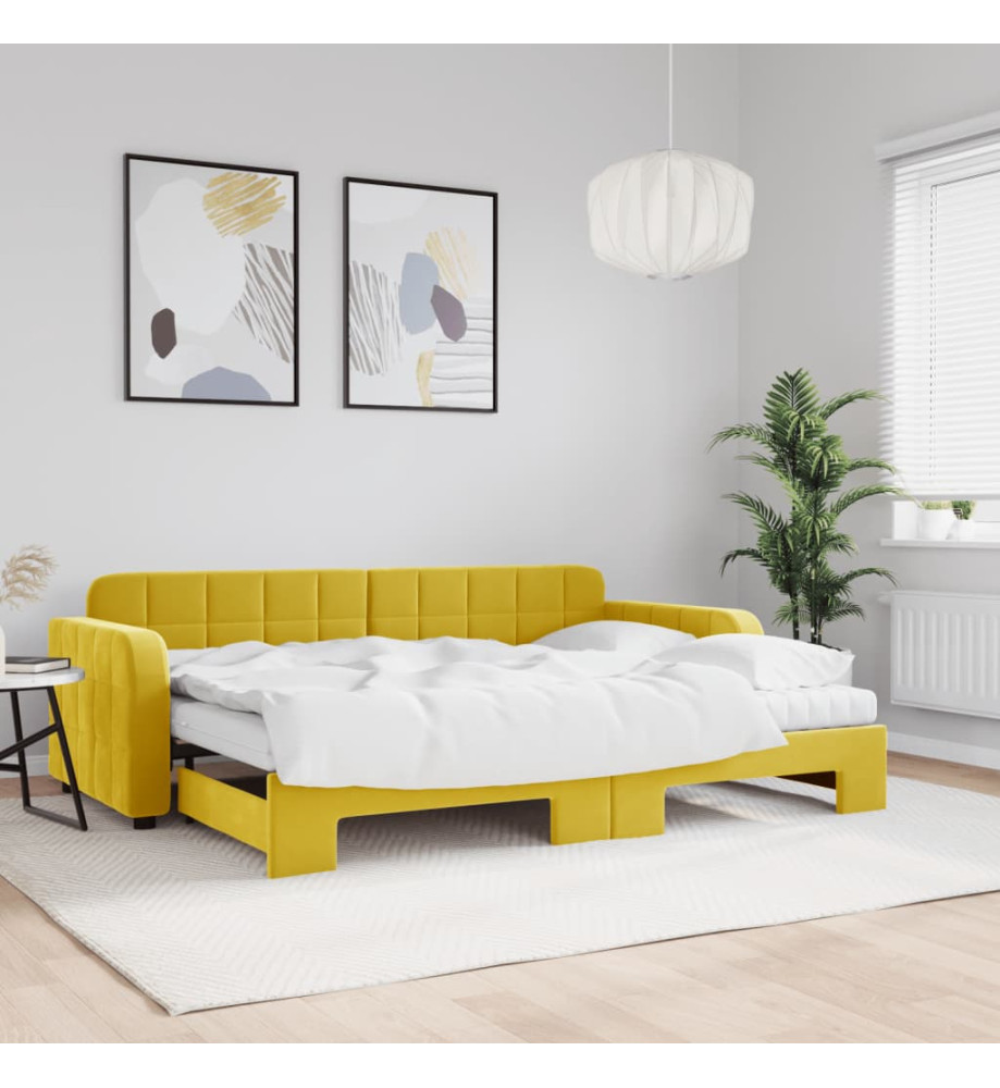 Lit de jour avec lit gigogne et matelas jaune 80x200 cm velours