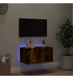 Meuble TV mural avec lumières LED chêne fumé 60x35x31 cm