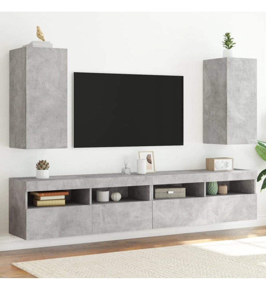 Meubles TV muraux et lumières LED 2pcs gris béton 30,5x35x70 cm