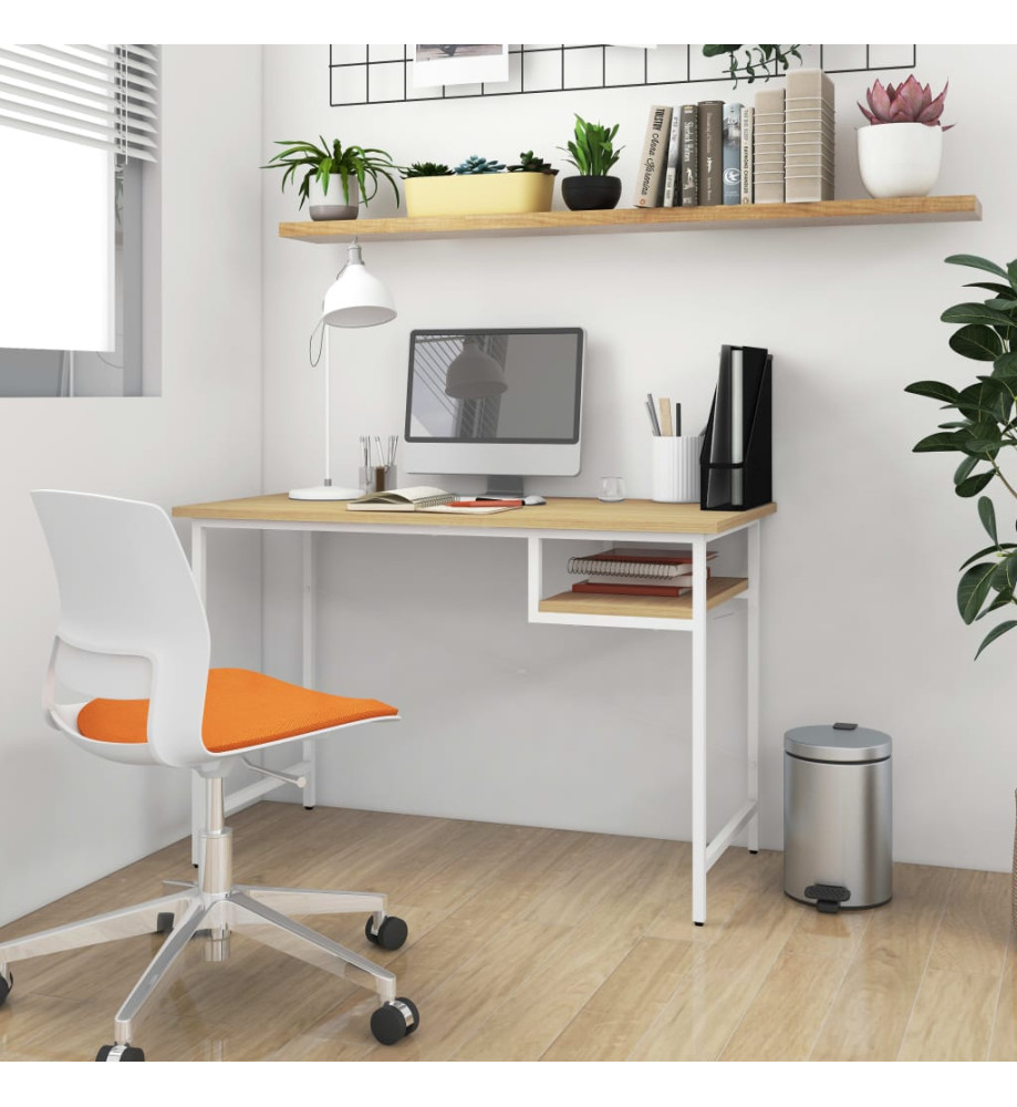 Bureau d'ordinateur Blanc/chêne clair 105x55x72 cm MDF et métal