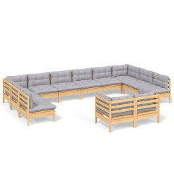 Salon de jardin 12 pcs avec coussins gris bois de pin massif