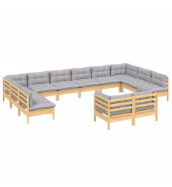 Salon de jardin 12 pcs avec coussins gris bois de pin massif