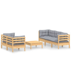 Salon de jardin 6 pcs avec coussins gris Bois de pin