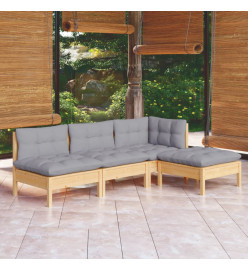 Salon de jardin 4 pcs avec coussins gris bois de pin