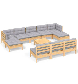 Salon de jardin 11 pcs avec coussins gris bois de pin