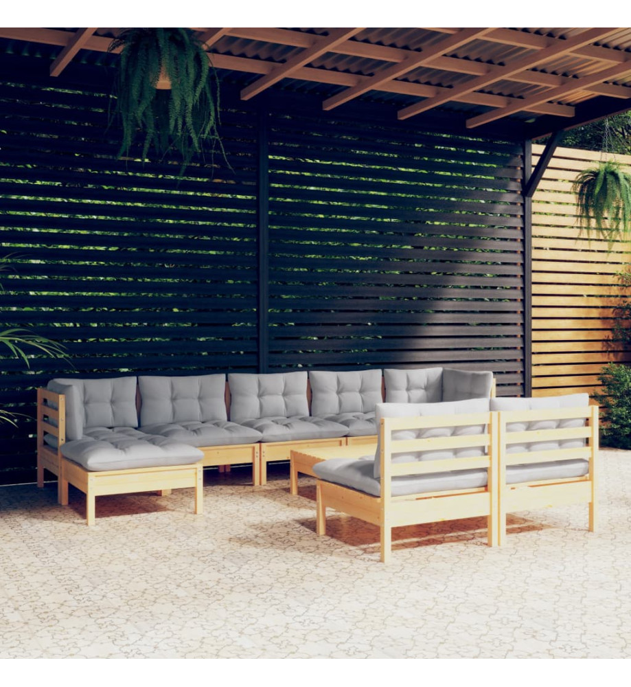 Salon de jardin 10 pcs avec coussins gris bois de pin Salon de jardin 10 pcs avec coussins gris bois de pin
