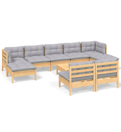 Salon de jardin 10 pcs avec coussins gris bois de pin