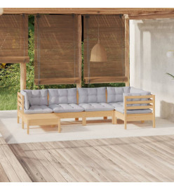 Salon de jardin 6 pcs avec coussins gris bois de pin massif