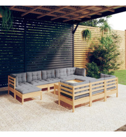 Salon de jardin 11 pcs avec coussins gris bois de pin massif