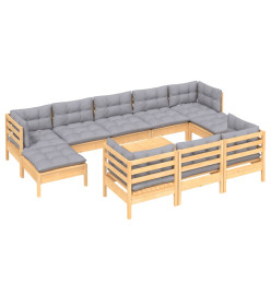 Salon de jardin 11 pcs avec coussins gris bois de pin massif