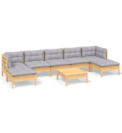 Salon de jardin 8 pcs avec coussins gris bois de pin