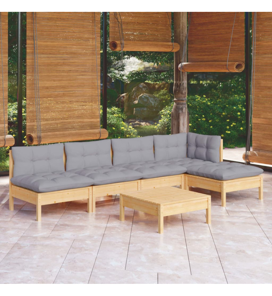 Salon de jardin 6 pcs avec coussins gris bois de pin Salon de jardin 6 pcs avec coussins gris bois de pin