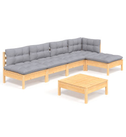 Salon de jardin 6 pcs avec coussins gris bois de pin