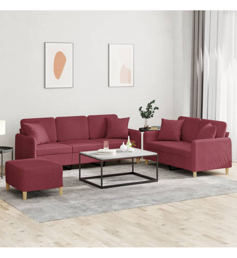 Ensemble de canapés 3 pcs avec coussins rouge bordeaux tissu