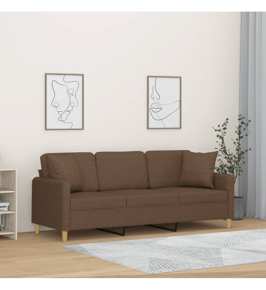 Canapé 3 places avec oreillers décoratifs marron 180 cm tissu