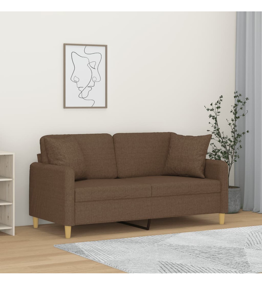 Canapé 2 places avec oreillers décoratifs marron 140 cm tissu