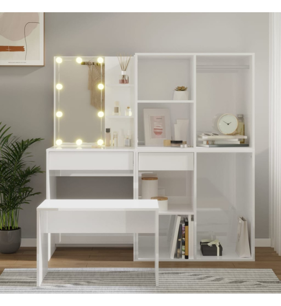 Ensemble de coiffeuse avec LED Blanc brillant Bois d'ingénierie