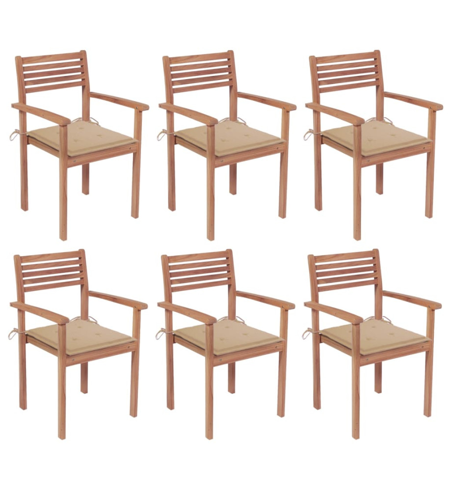 Chaises de jardin empilables avec coussins 6 pcs Teck solide Chaises de jardin empilables avec coussins 6 pcs Teck solide