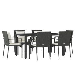 Ensemble à dîner de jardin et coussins 7pcs Noir Résine tressée