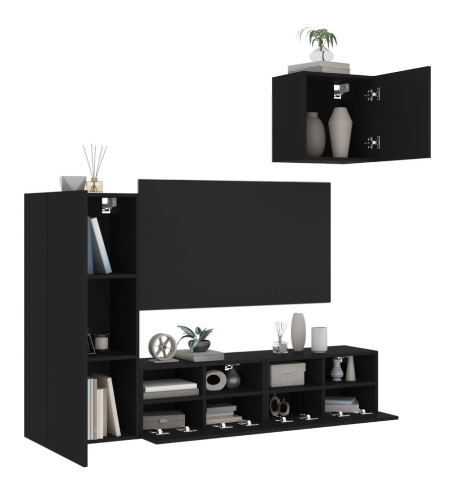 Unités murales TV 4 pcs noir bois d'ingénierie