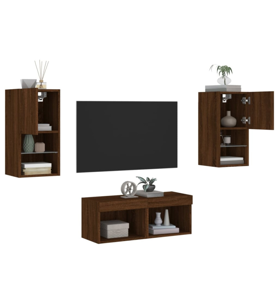 Meuble TV mural 4 pcs avec lumières LED chêne marron