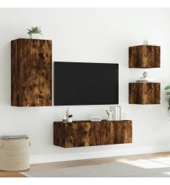 Meuble TV mural 4 pcs avec lumières LED chêne fumé