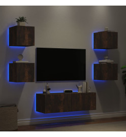 Meuble TV mural 5 pcs avec lumières LED chêne fumé