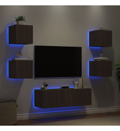 Meuble TV mural 5 pcs avec lumières LED chêne marron