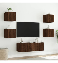 Meuble TV mural 5 pcs avec lumières LED chêne marron