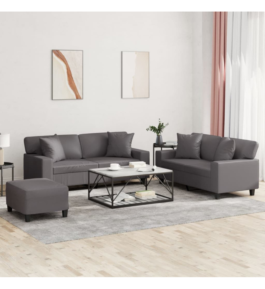 Ensemble de canapés 3 pcs avec coussins gris similicuir