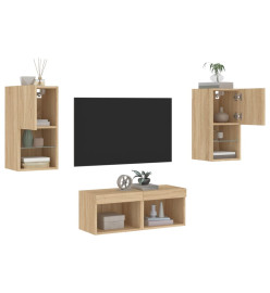 Meuble TV mural 4 pcs avec lumières LED chêne sonoma