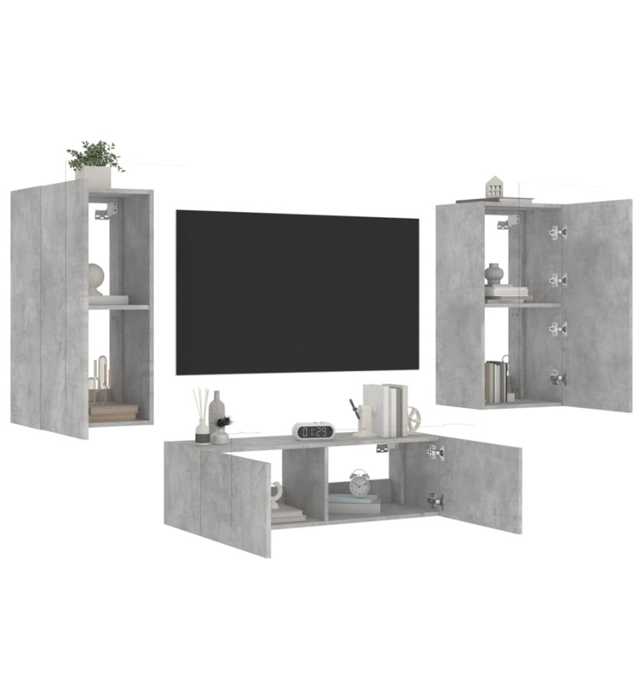 Meuble TV mural 3 pcs avec lumières LED gris béton