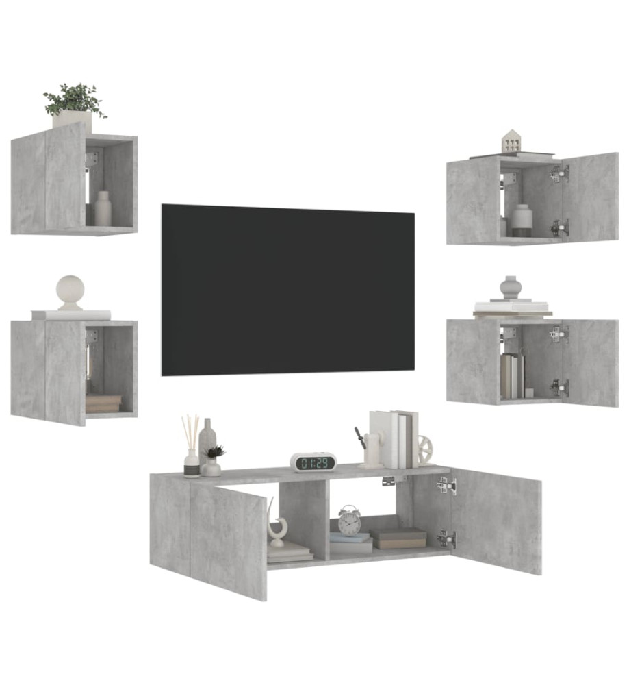 Meuble TV mural 5 pcs avec lumières LED gris béton